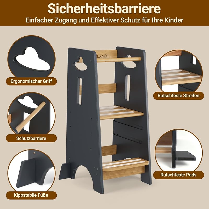 Lernturm ab 1 Jahr - Höhenverstellbarer Learning Tower für Kinder (3-stufig) - Montessori mit Kippschutz & Massivholz (Dunkelgrau und Holz)