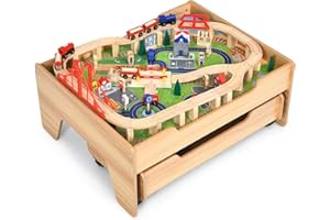 GLACER 100 Pieces Train Table, Wooden Activity Table with Storage Drawer, Tracks, Vehicles, Buildings, Wheels, Multipurpose Painted Train Table Set for Toddlers 3-5+, Gift for Boys Girls