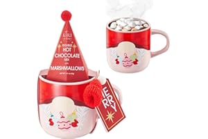 KIRI & SONS Hot Chocolate Gift Set, Includes 1 Single-Serve Double Chocolate Packet + 1 Pack Mini Marshmallows Hot Cocoa Mix Hot and Ceramic Mug, Gourmet Hot Cocoa Set, Eggnog Festive Gifts, Santa Red Elf Mug