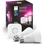 Philips Hue Smart Light Starter Kit - Includes (1) Bridge and (2) 60W A19 LED Bulb, White and Color Ambiance Color-Changing L