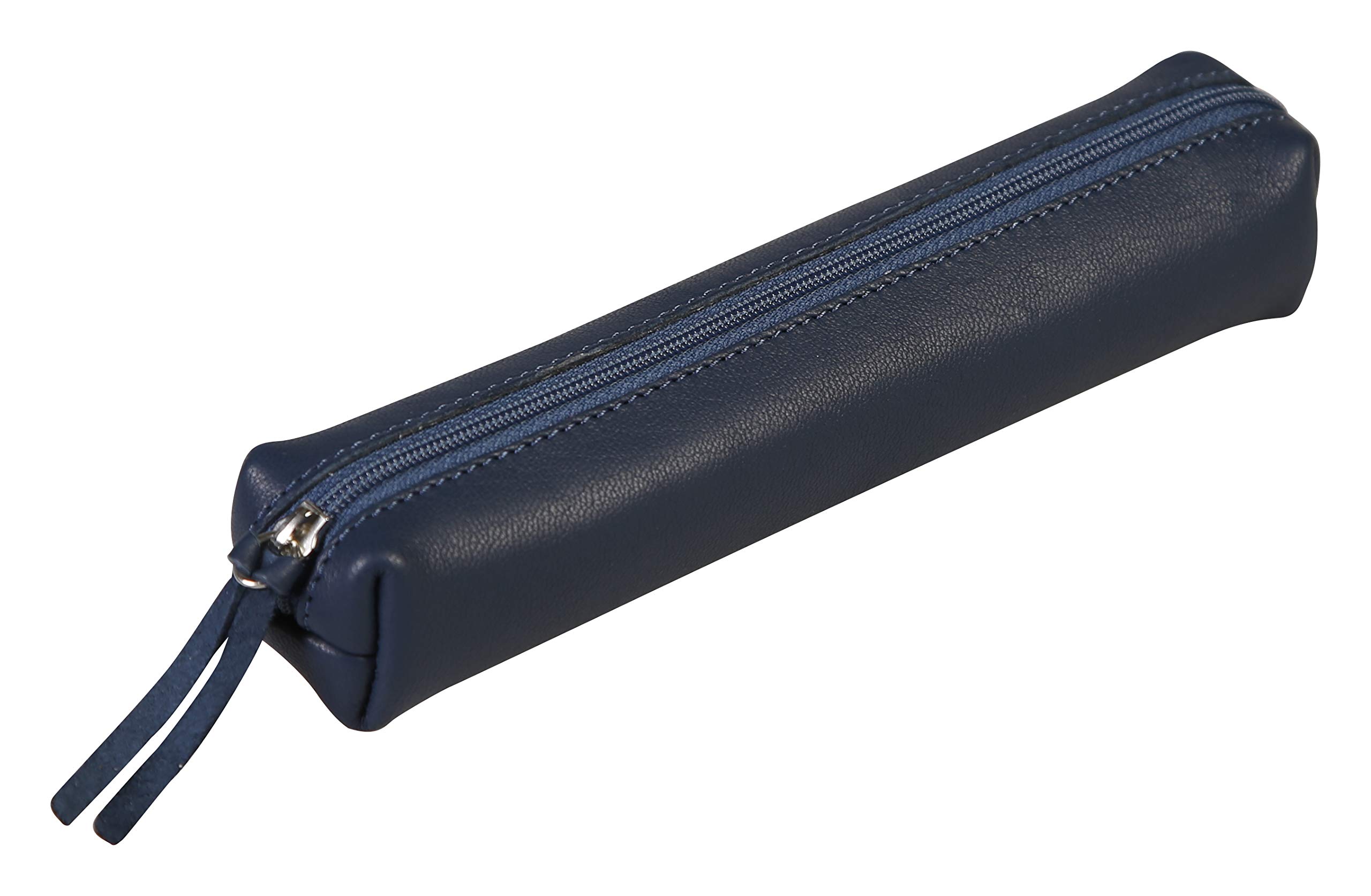 Clairefontaine - Ref 410079C - Lawrence' Leather Slim Pencil Case - 4 x 2.5 x 19.5cm, Made From Genuine Lambskin Leather, Metal Zip With Leather Puller - Blue