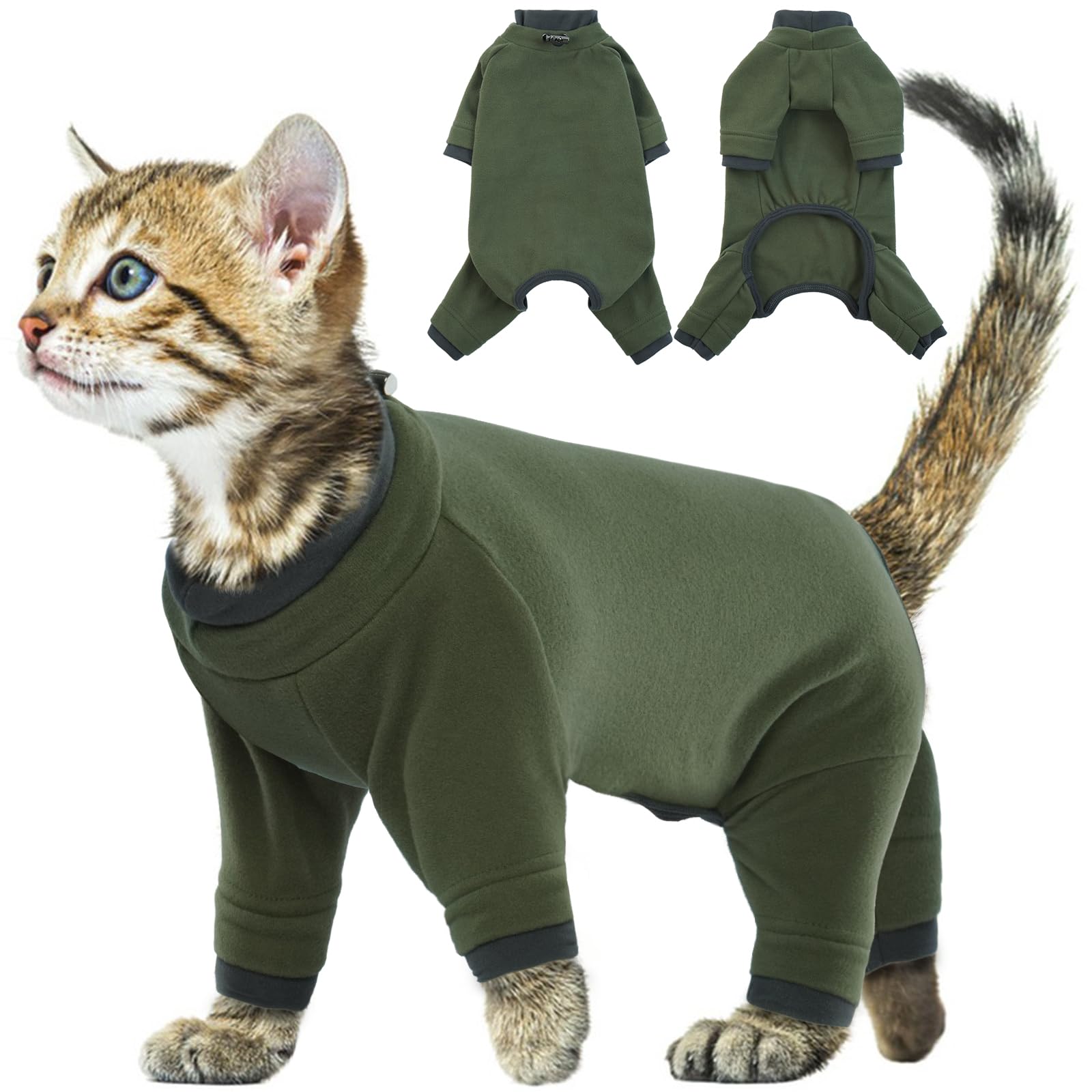 Cat Fleece Pajamas, Cat Romper Suit Warm Winter Clothes Allergy Suit Recovery Jackets to Stop Licking(Army Green, S) — image 1