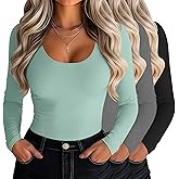 Riyiper 3 Pack Women's Scoop Neck Tops Long Sleeve Slim Fitted Shirts Casual Basic Tunic Fall Trendy Y2k Tight Tees
