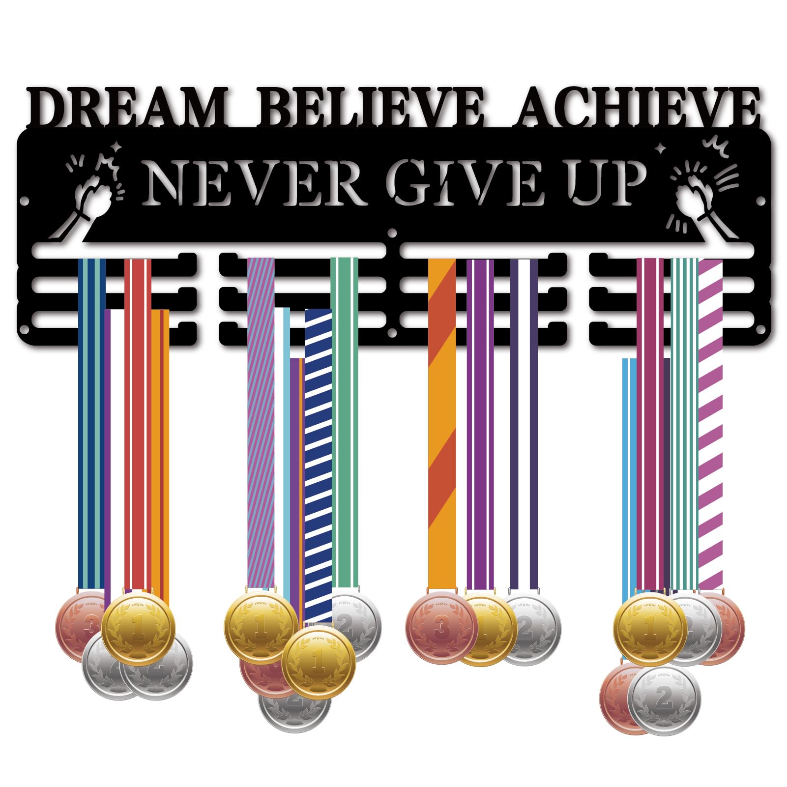 CREATCABIN Medal Holder Medal Hanger Display Rack Sports Metal Hanging Wall Mount Decor for Home Awards Football Gymnastics Swimming Medalist Black 6 x 15.7Inch-DREAM BELIEVE ACHIEVE NEVER GIVE UP