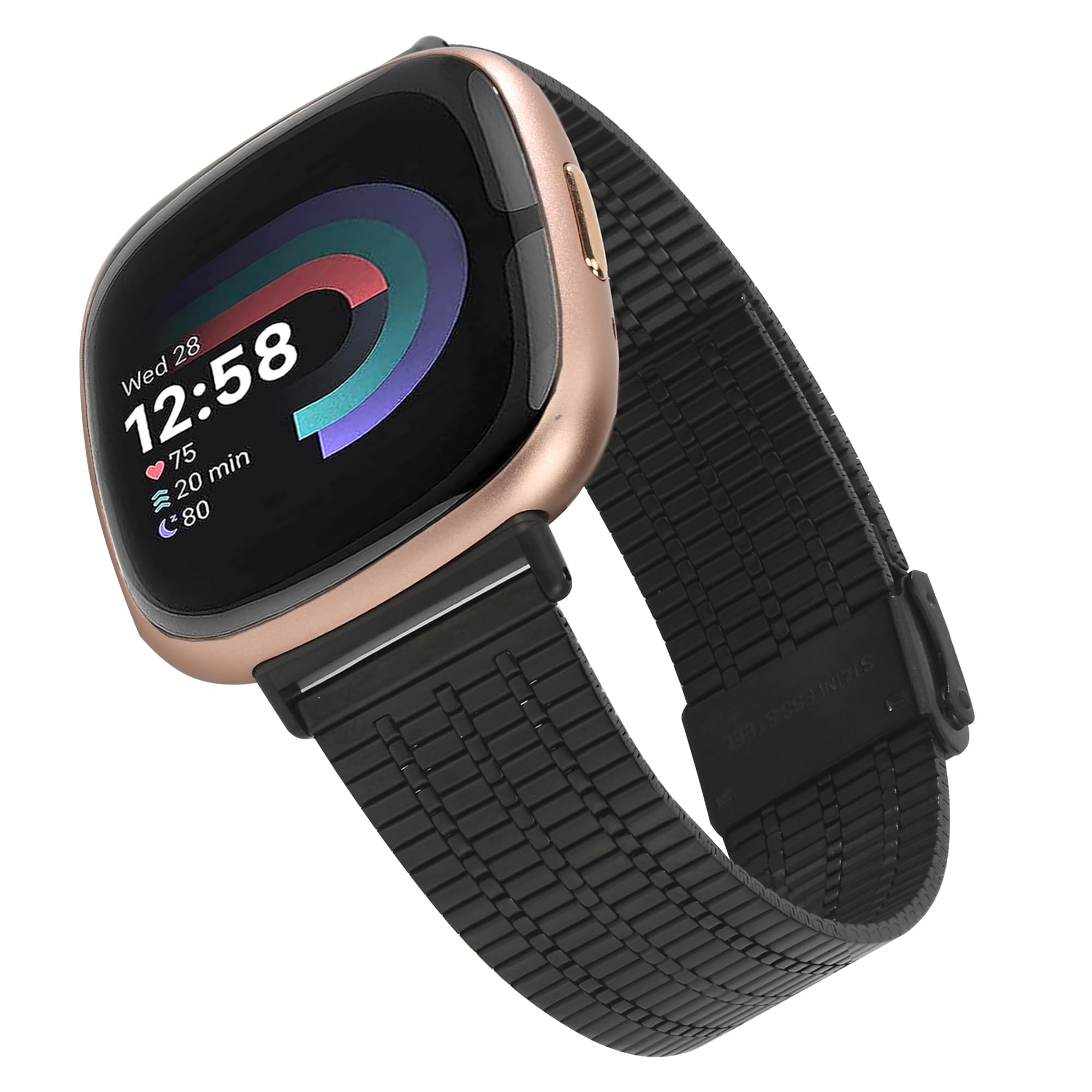 Wongeto Metal Watch Strap Compatible With Fitbit Versa 3/4, Sense/Sense 2 - Mesh Woven 316L Stainless Steel Band for Women Men (Black)