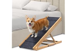 PATHOSIO PETS Adjustable Dog Ramp for Bed - Foldable Wooden Ramp for Dogs to Get on Bed, Couch, or Car with 13.4" Wide Walking Space (Natural Wood with Gray Carpet, Medium)