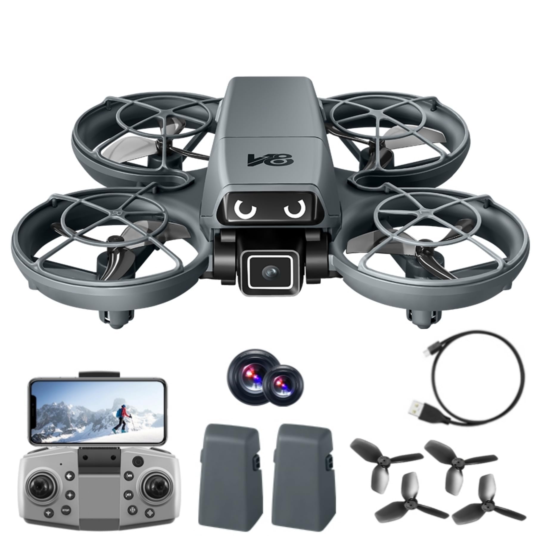 RC Small Drone with Dual Cameras, Light Eyes, All-Round Propeller Black-Gray