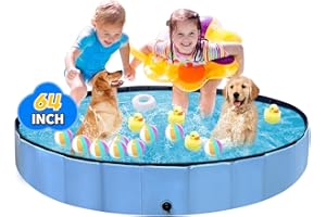 Thecvia Foldable Dog Pool with RGB Lights, Kiddie Pool for Toddlers 1-3, 64" Blue Pet Bathing Tub, Swimming Pool for Kids, Collapsible Kids Pool for Backyard, 1 2 3 4 5 6 7 8 12+ Years Old Toddler Toy