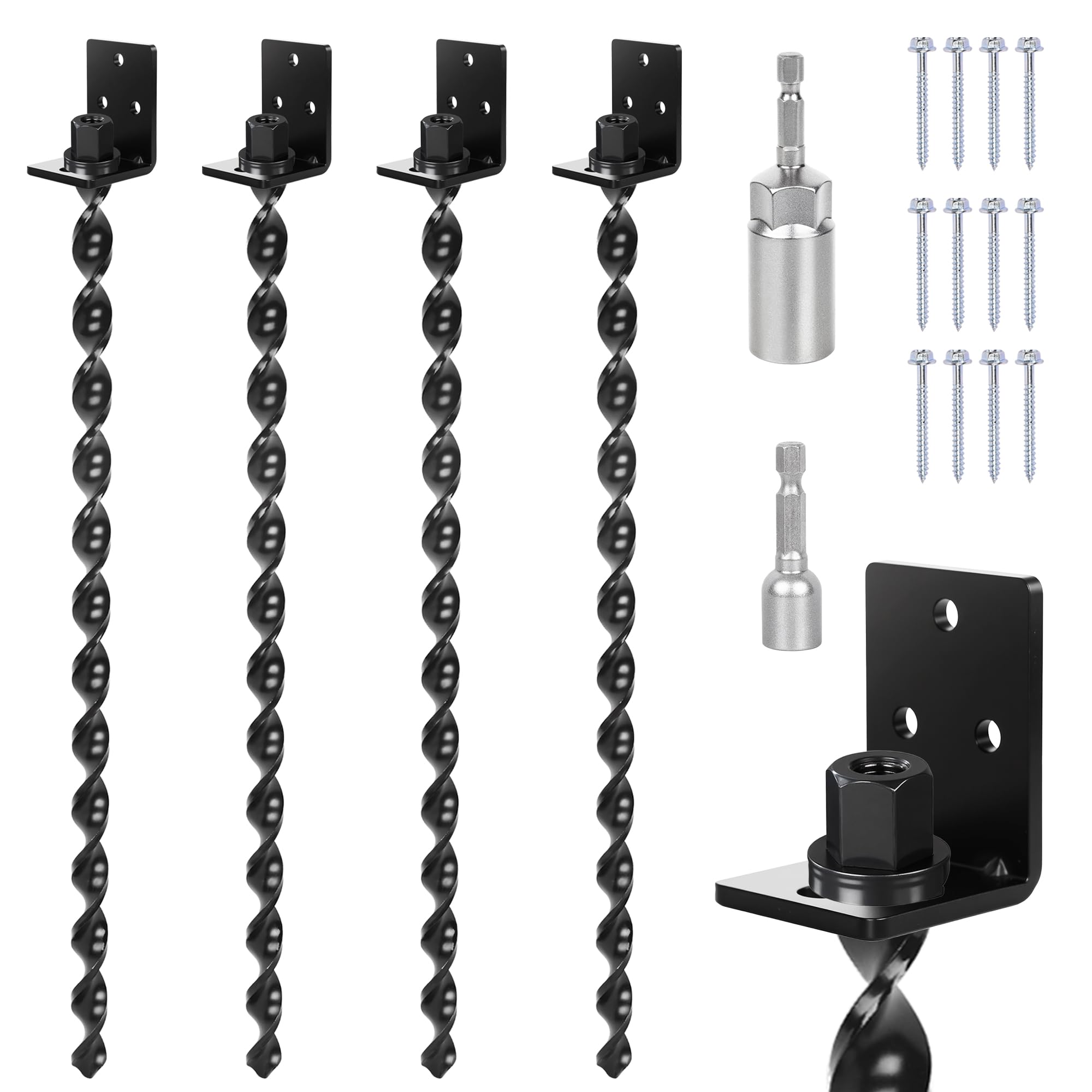 Photo 1 of 24" Heavy Duty Ground Anchors Screw in, Set of 4 Mobile Home Anchors, Multi-Purpose Earth Anchors with Brackets and Adapter for Drill, Ideal for Mobile Homes, Storage Sheds and Carports(Black)