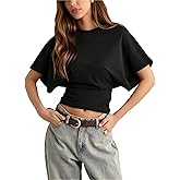 Lumister Shirts for Womens Crewneck Tighten Waist T-Shirt Casual Short Sleeve Workout Tops Solid Color Basic Tees