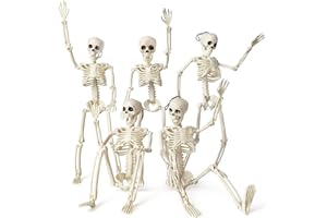 HADWYN 5 Packs 16" White Plastic Halloween Skeleton Decorations, Indoor/Outdoor, Modern Style, Movable Jaw, Perfect for Halloween Parties & Haunted Houses