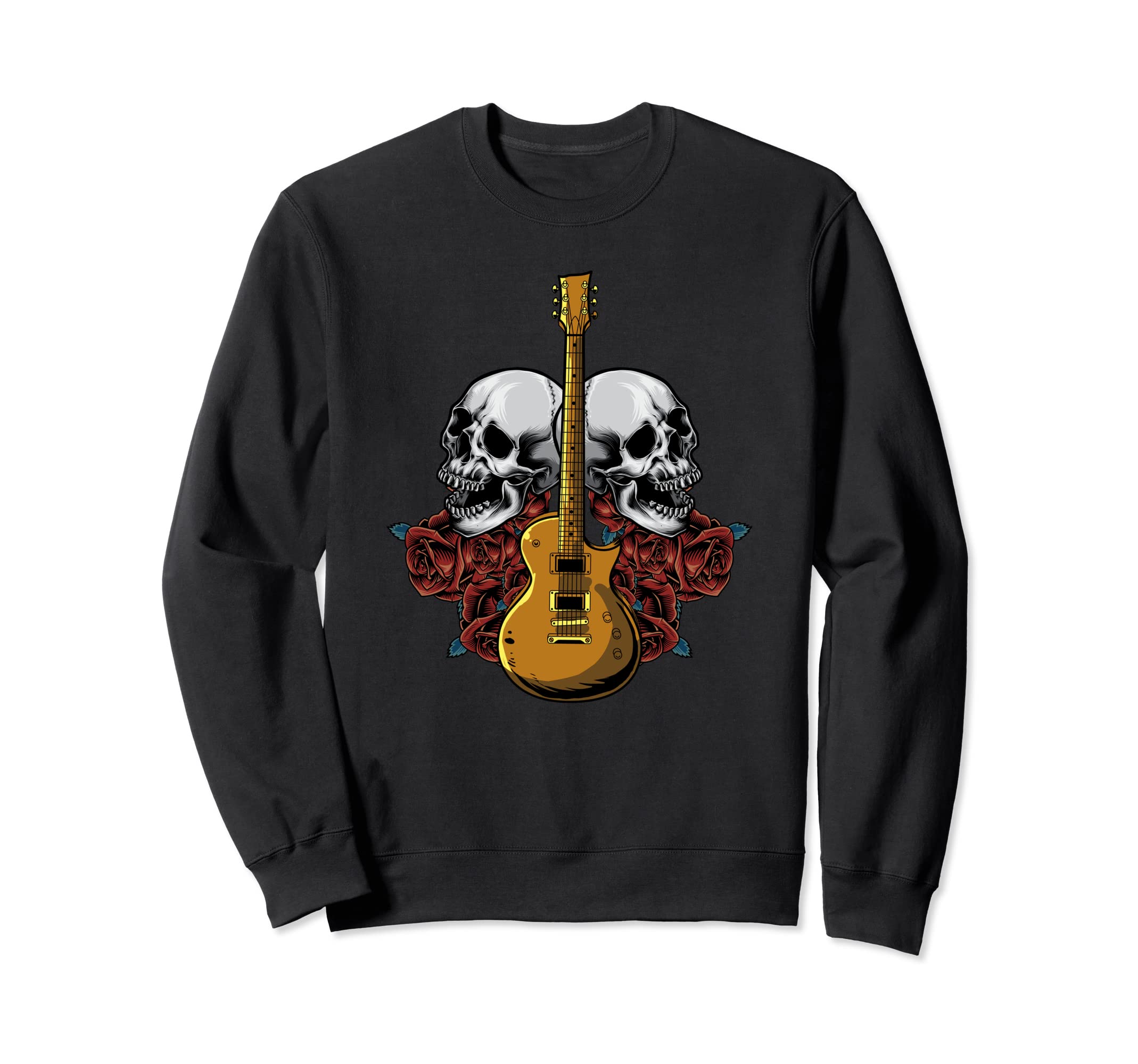 Electric Guitar Skull Red Roses - E-Guitar Rock Guitarist Sweatshirt