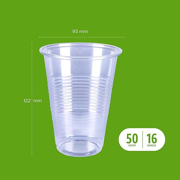AMAZON BASICS DISPOSABLE CLEAR PLASTIC CUPS, 16OZ, 50 COUNT