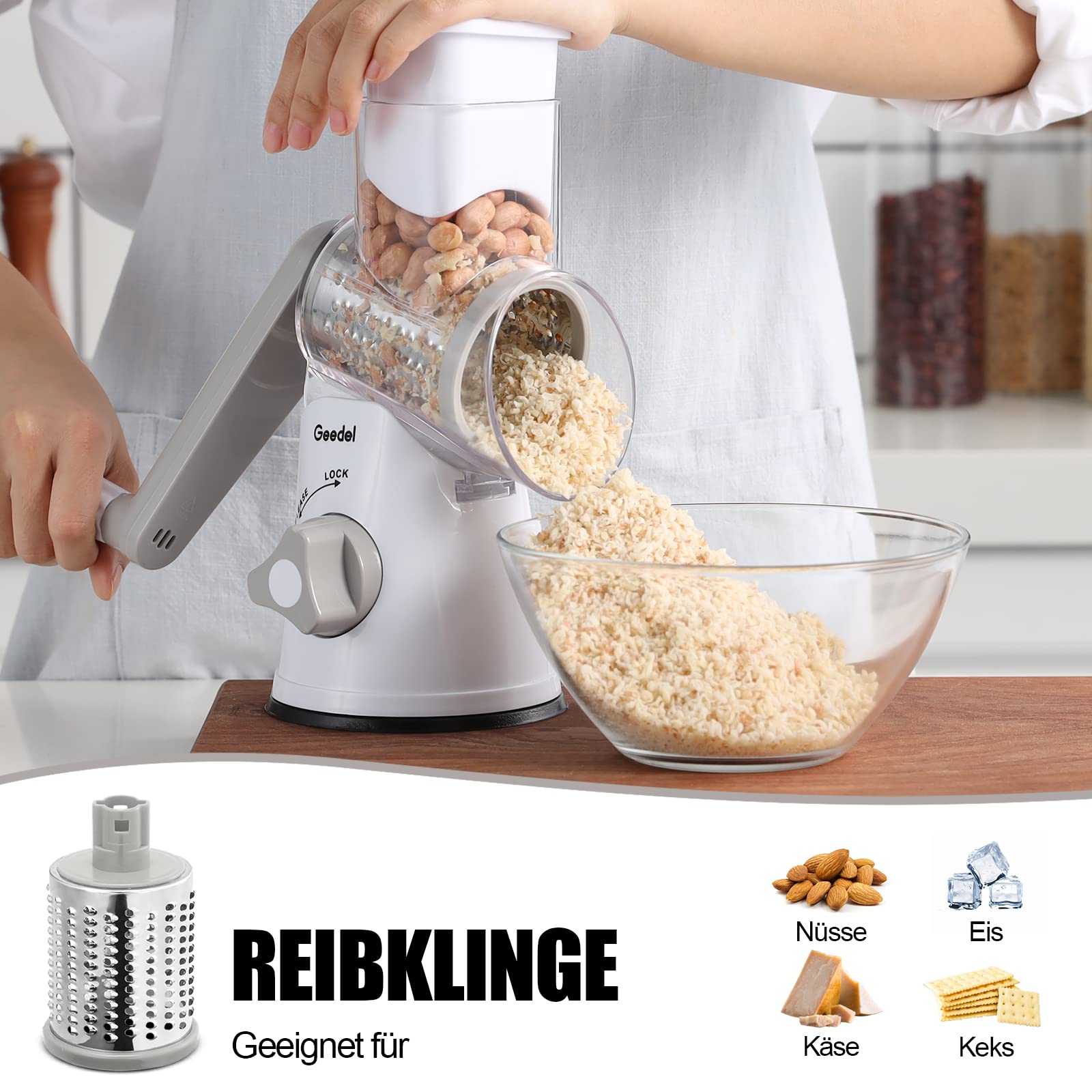 Käsereibe, Reibe für Gemüse mit 3 Trommelblättern, Trommelreibe Schnelleres und Einfaches Schneiden, Gemüseschneider Ideal für Käse, Gurken, Karotten, Nüsse usw 5