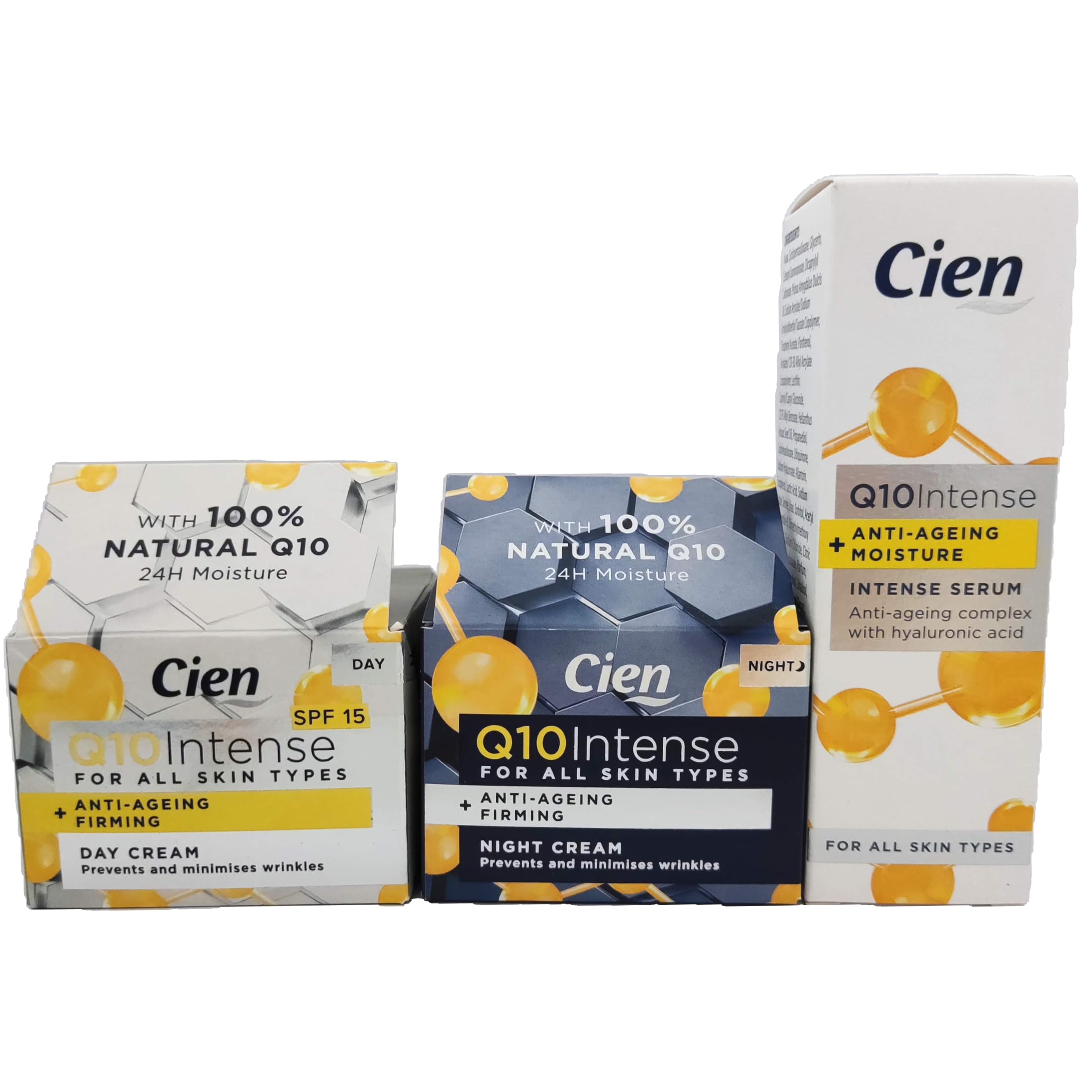 Anti-Aging Skincare Trio Cien: Day & Night Creams + Intense Serum - With Natural Q10, Hyaluronic Acid & Vitamin E - 24H Hydration & Wrinkle Reduction - For All Skin Types