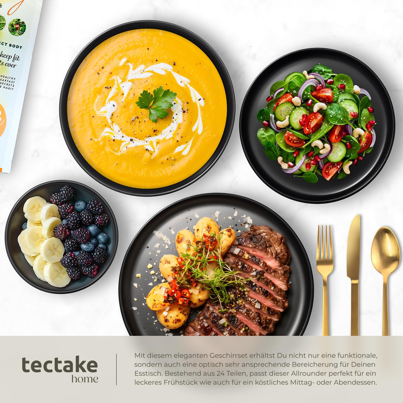 tectake® 24-tlg. Geschirrset, Tafelservice 6 Personen, Steingut Geschirr Set schwarz, Teller Set mit Schalen, Speiseteller, Frühstücksteller, tiefe Teller und Schüsseln - schwarz 5