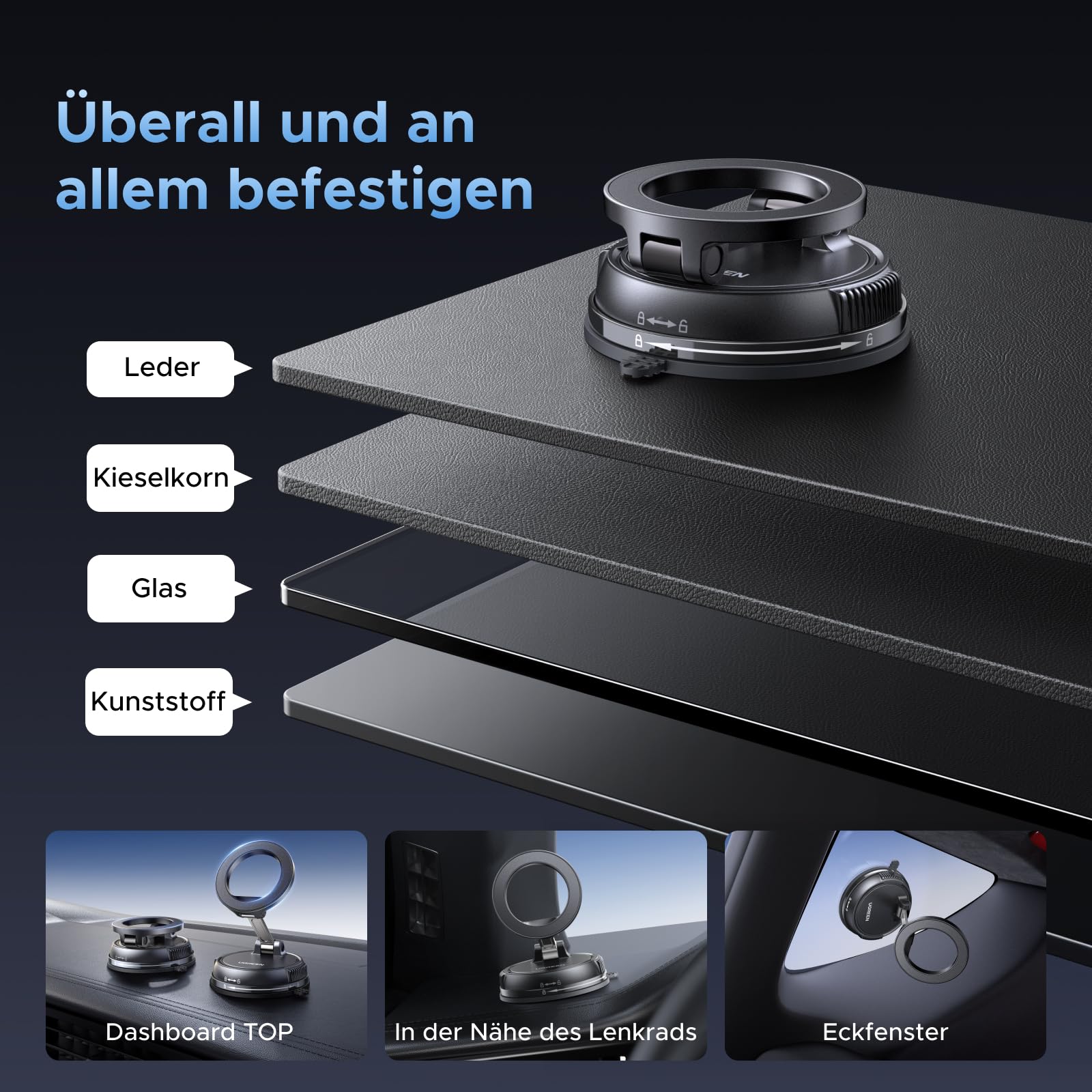 UGREEN Handyhalterung Auto für Magsafe Autohalterung mit N55 Starker Magnet, Handy Halterung Auto mit Vakuum Saugnapf & Nano-Gel-Pad Kompatibel mit iPhone 17 16 15 14 13 12 Pro Max 7