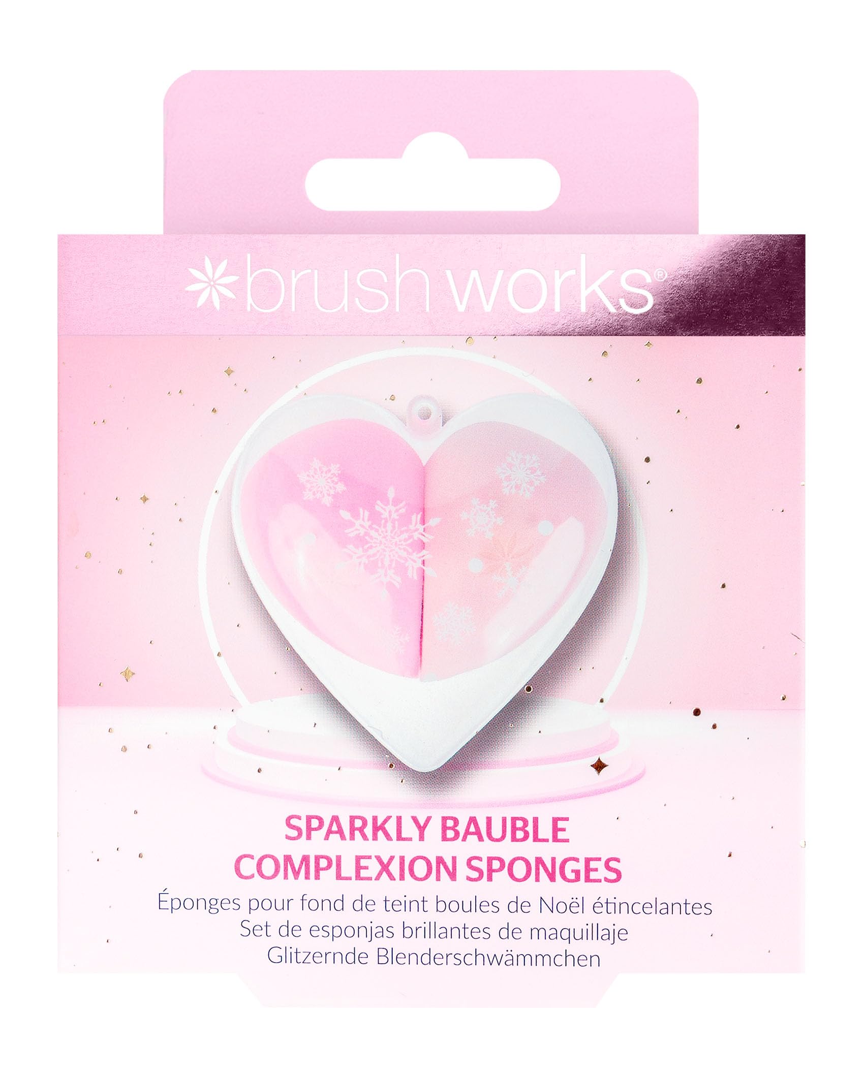 Brushworks Sparkly Bauble Complexion Sponges – 2-Pack Premium Pink Makeup Sponges in Heart-Shaped Ornament for Seamless Blending & Gift Giving
