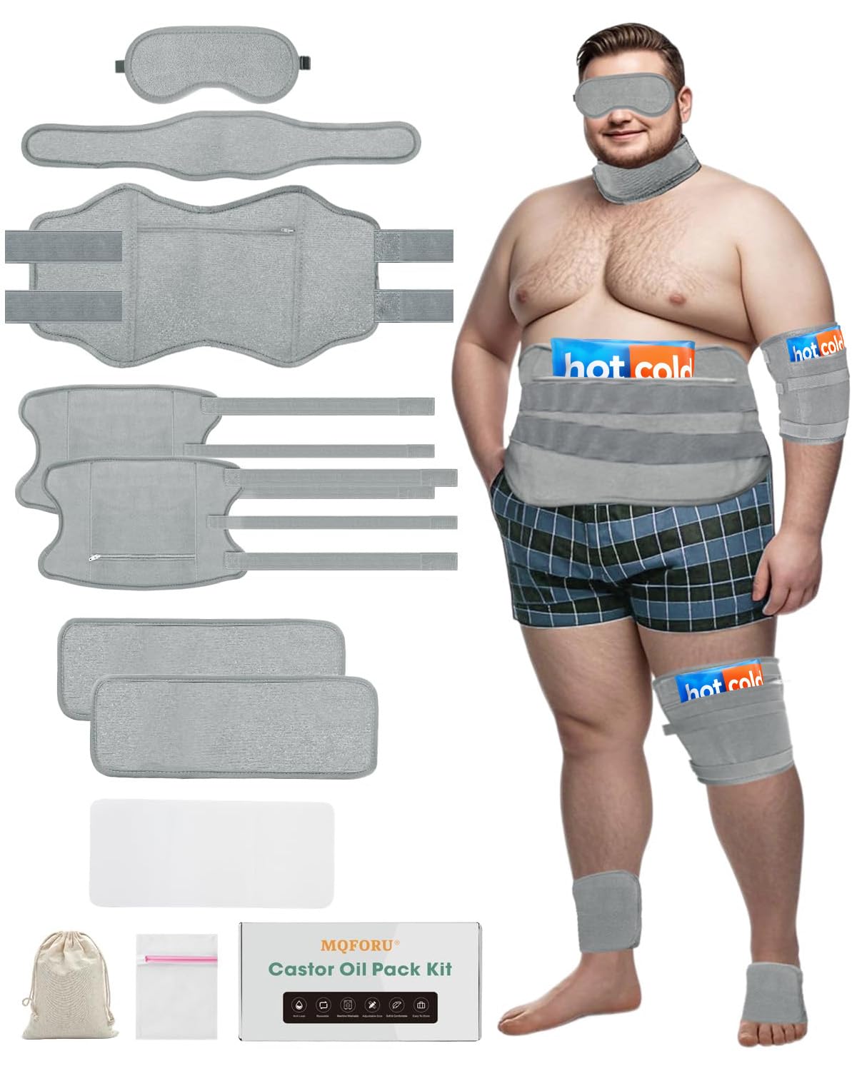 Photo 1 of 10 Pcs Castor Oil Pack Wrap, Plus Size for Men & Women, XL Reusable Castor Oil Pack Set for Eyes Neck Stomach Waist Knees Legs Feet, Flannel Cotton, Anti Oil Leak, Machine Washable (Light Gray)