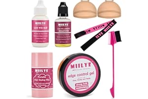 MIILYE Lace Wig Glue and Hair Styling Wax Gel Combo Pack Wig Install Kits, Wig Glue for Front Lace Wig and Remover, Edge Control Gel 3.5oz, Hair Wax Stick, Wig Band, Wig Caps and Edge Brush
