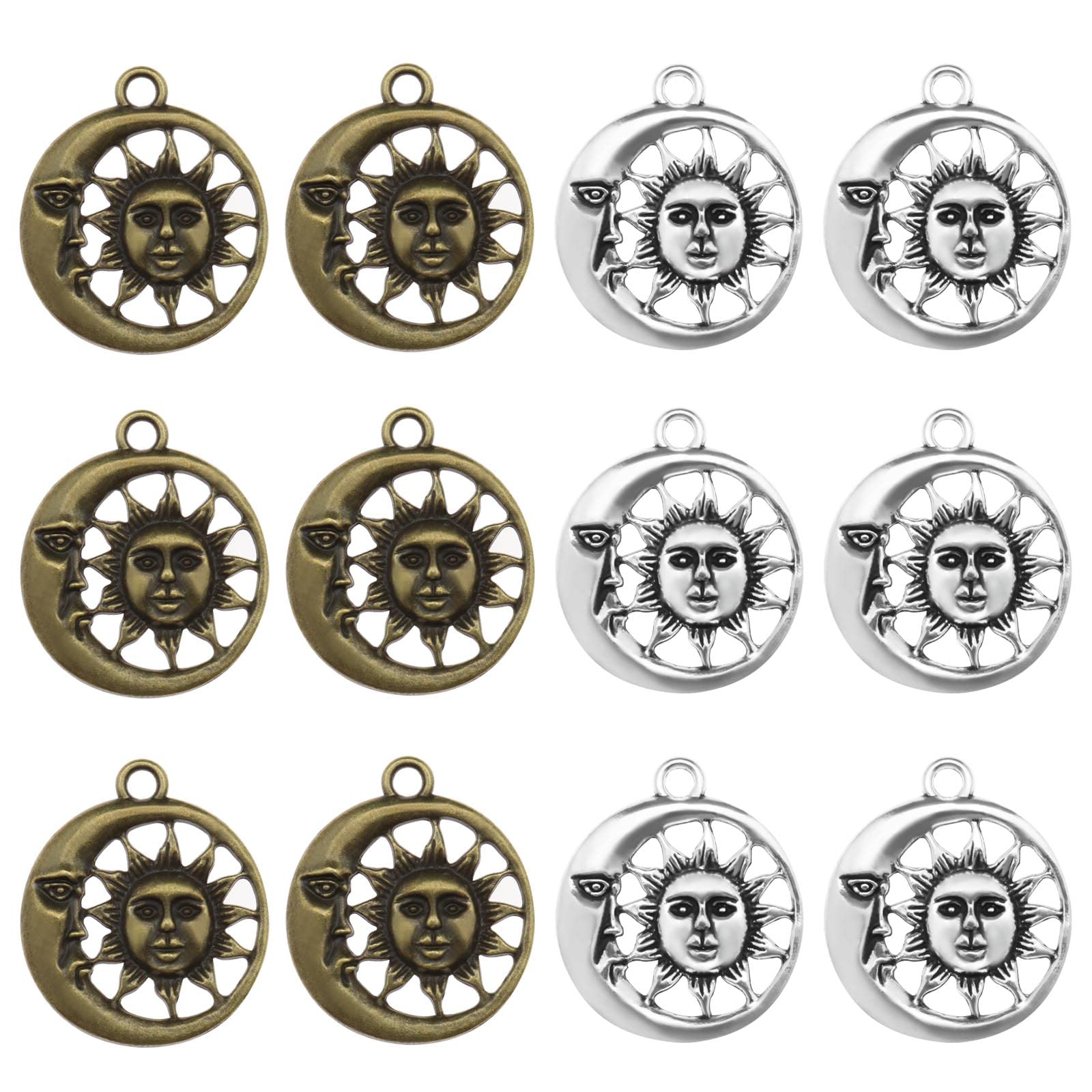 eMagTech 60Pcs Sun and Moon Charms Sun Face Charms Creative Zinc Alloy Pendants DIY Accessories for Jewellery Making Necklace Bracelets Silver and Bronze