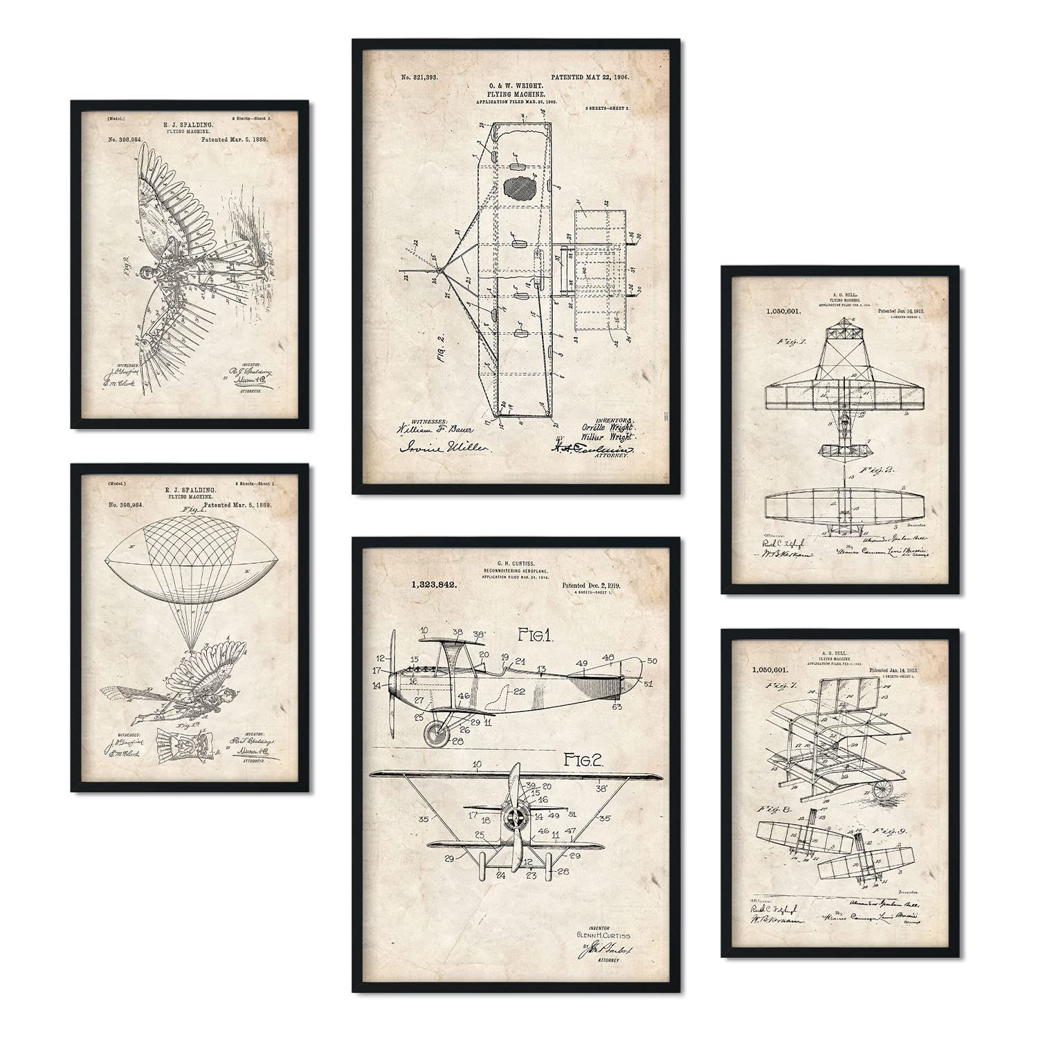Nacnic Set of 6 Airplane patent prints. Posters with retro patent illustrations for your home, shop, office... Vintage style interior decoration. A4 and A3 sizes. No frame.