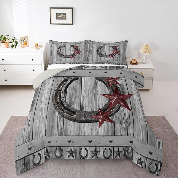 CASTLE FAIRY GREY RUSTIC BARN BEDDING SET FULL SIZE WESTERN COWBOY HORSESHOE COMFORTER SET FOR KIDS BOYS ADULTS TEENS ROOM DECOR VINTAGE FARMHOUSE WOODEN QUILT SET STAR HORSESHOE DUVET INSERT 3PCS