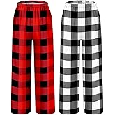 HONGTEYA 2PCS Girls Christmas Pants with Pockets Soft Long Loose Kids Plaid Bottom Indoor Outdoor Xmas Holiday 8-14 Years
