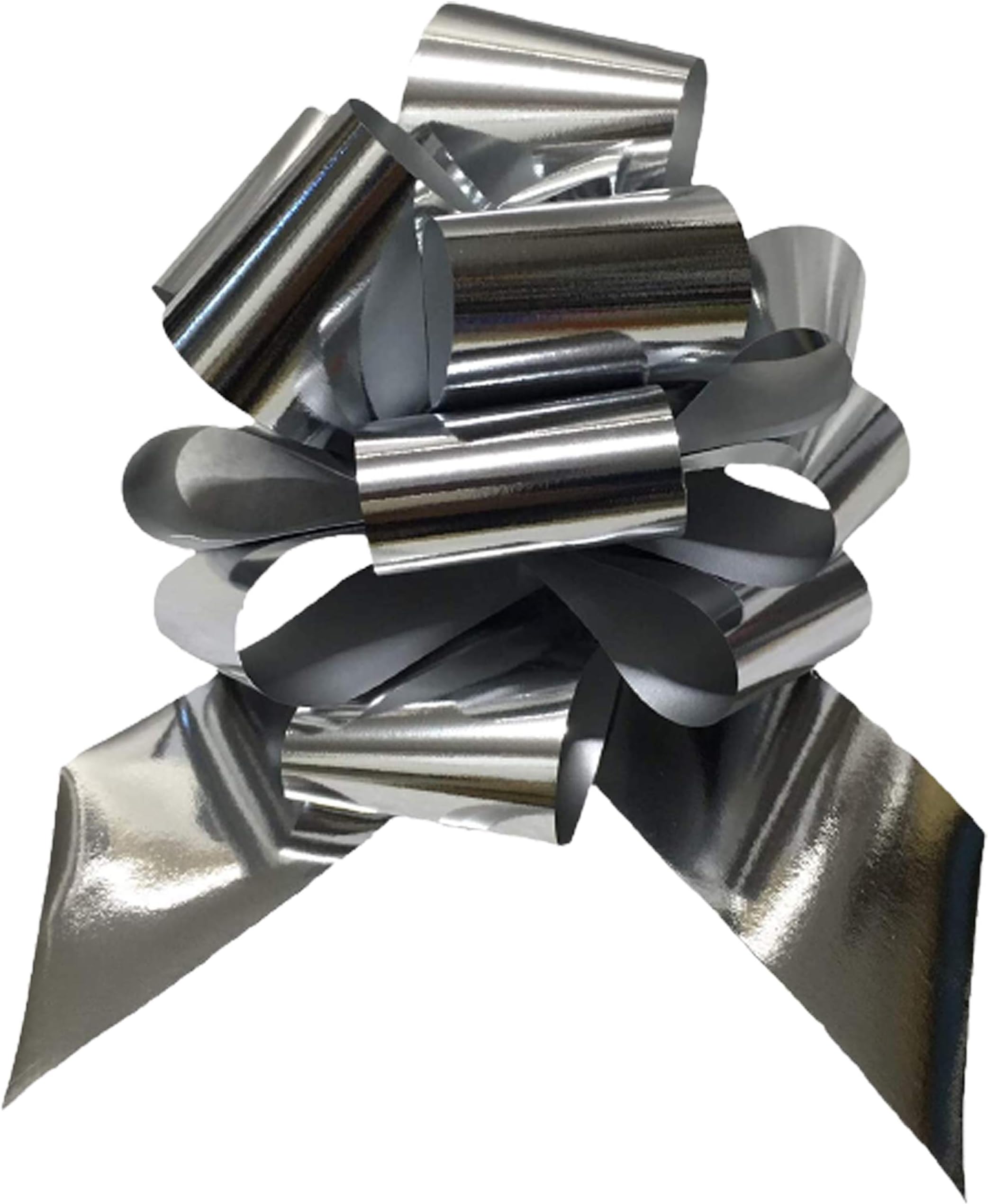 BOLIS 50 Pieces COCCARDE Bow Metallic Silver Reflex Ribbon Width 3.0 CM Diameter COCCARDA 13 CM