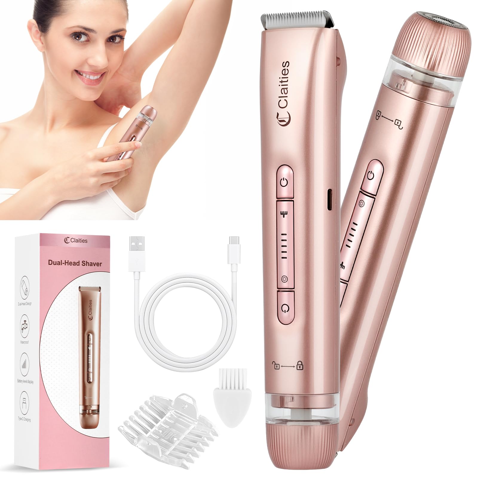 Photo 1 of 2 in 1 Women Electric Shaver Dual Head Bikini Trimmer for Women IPX7 Waterproof Wet & Dry Use Body Hair Trimmer and Facial Hair Remover for Bikini Underarm Leg Arm Body Face