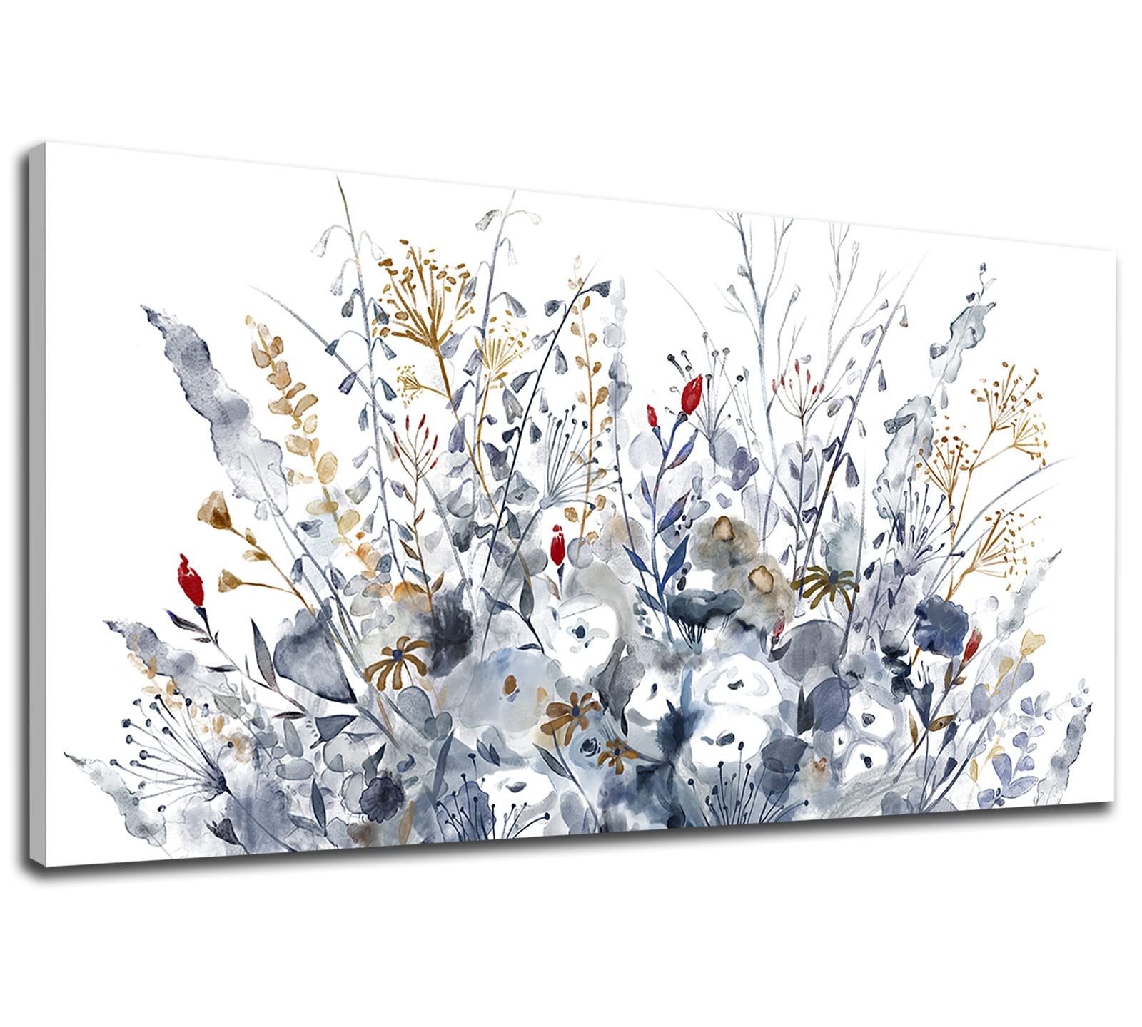 Photo 1 of Flowers Canvas Wall Art for Living Room Wall Decor Indigo Floral Canvas Painting Watercolor Plants Pictures Vintage Botanical Flower Canvas Artwork for Bedroom Office Home Wall Decorations 29" x 58"