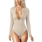 OQQ Women's Bodysuit Tops Invisible Zip Long Sleeve Crew Neck Bodysuits
