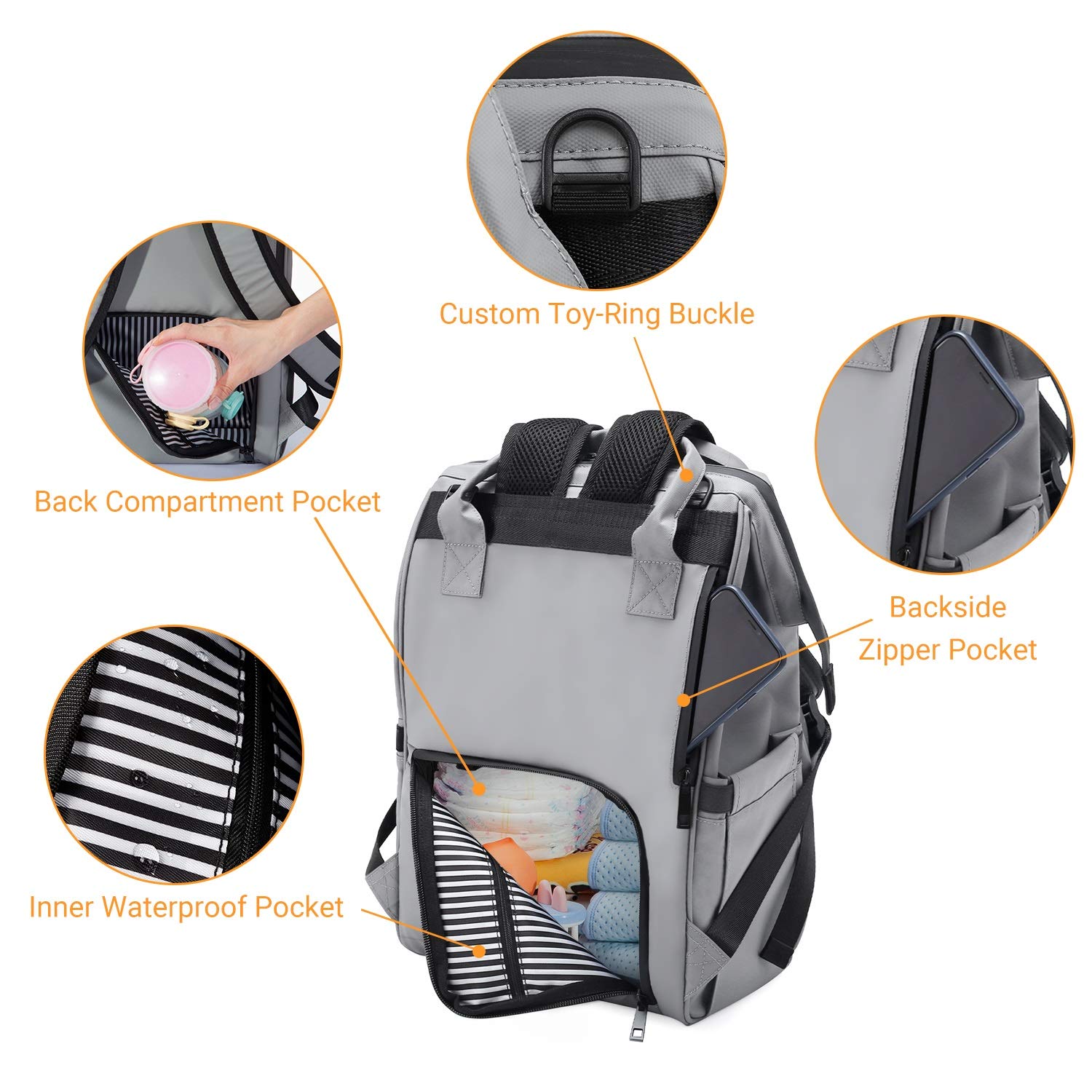 RUNKA Diaper Bag Backpack -Travel Bag Baby Backpack - Multifunction Nappy Changing Bag for Baby Essentials Gray