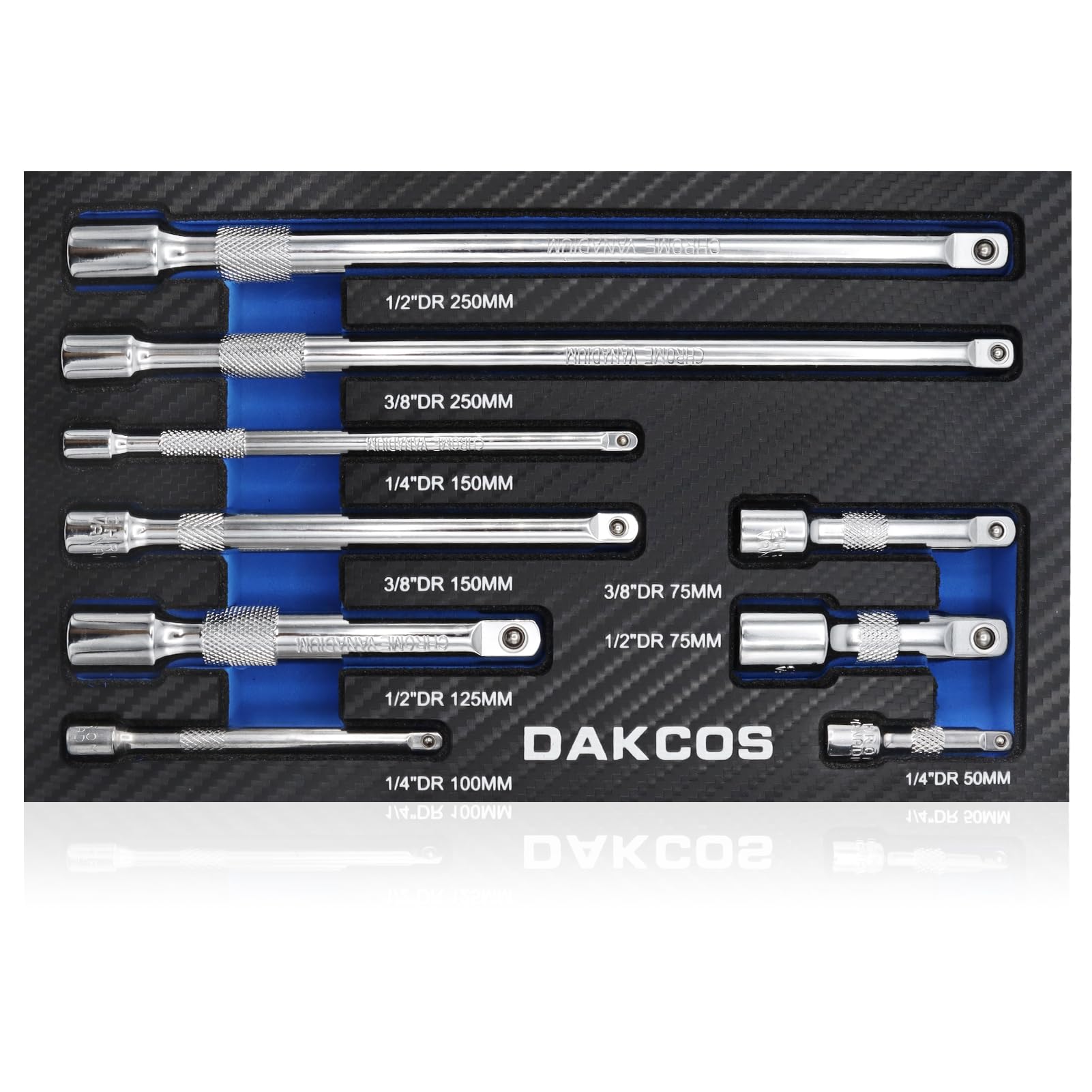 DAKCOS 9 Piece Extension Bar Set, 1/4" 3/8 "1/2" Drive Socket Extension Bar, Extensions Socket Tool, CR-V Steel