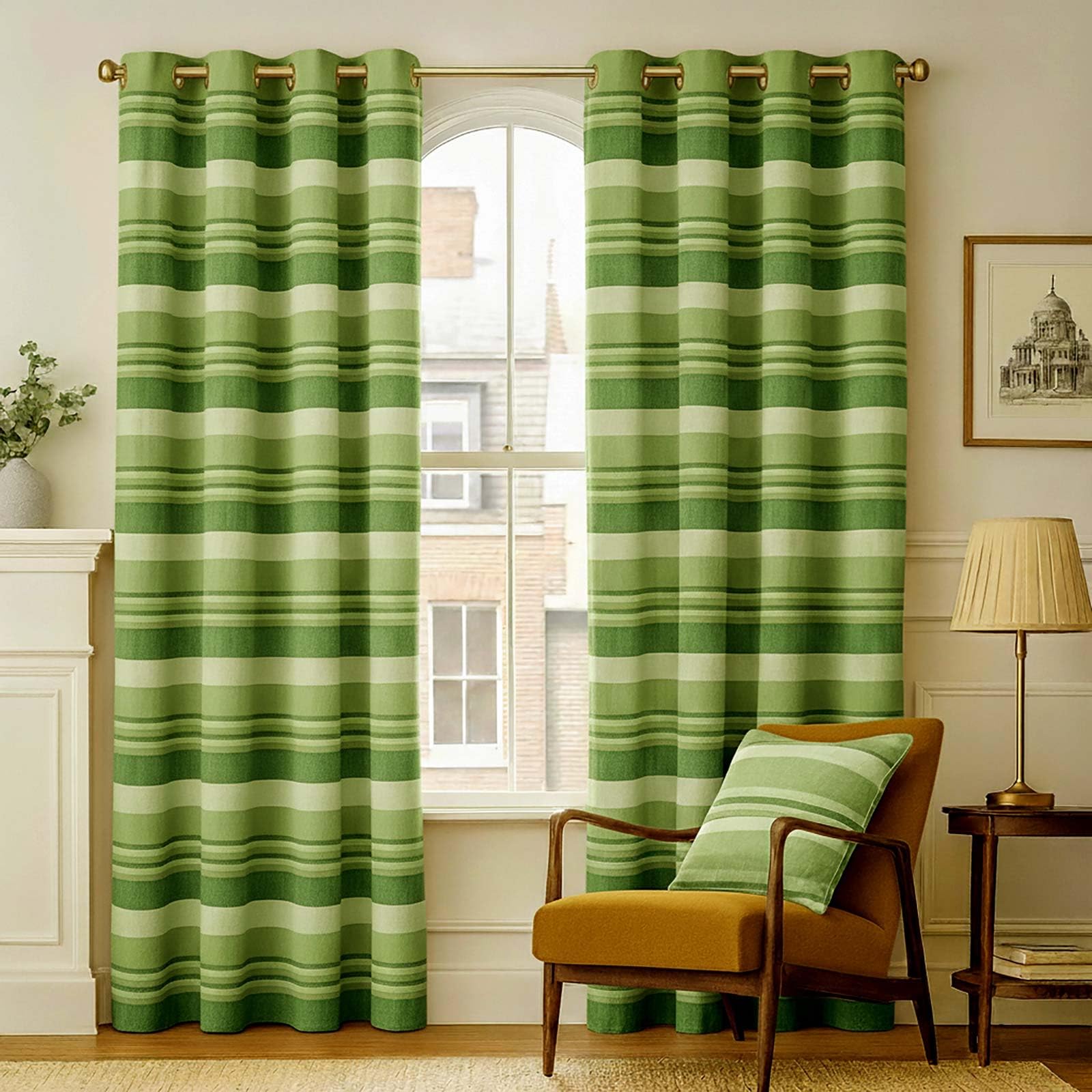HOMESCAPES Green Eyelet Curtain Pair 137cm (54") Wide x 137cm (54") Drop Morocco Stripe Design Ring Top Curtain Pair