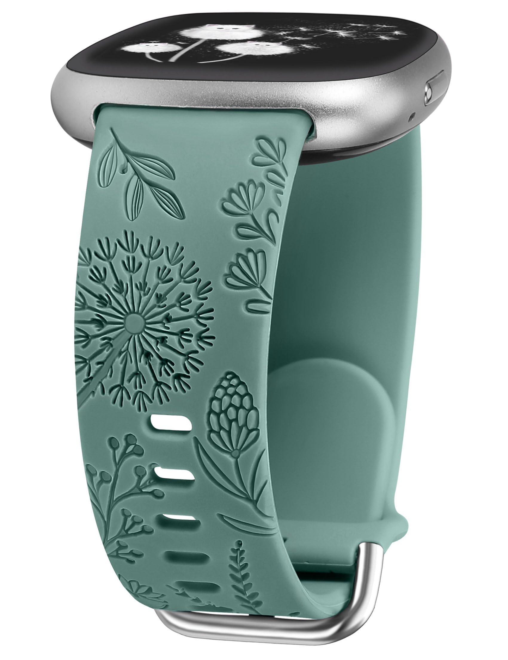 TOYOUTHS Dandelion Floral Engraved Strap Compatible with Fitbit Versa 4/Fitbit Sense 2/Fitbit Versa 3/Fitbit Sense Straps, Women Soft Silicone Flower Pattern Sport Strap for Versa 4, Pine Green