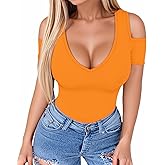 HERLOLLYCHIPS Women Tops Summer Deep V Neck Short Sleeve Cold Shoulder Slim Fit Casual Sexy Tees T-Shirts