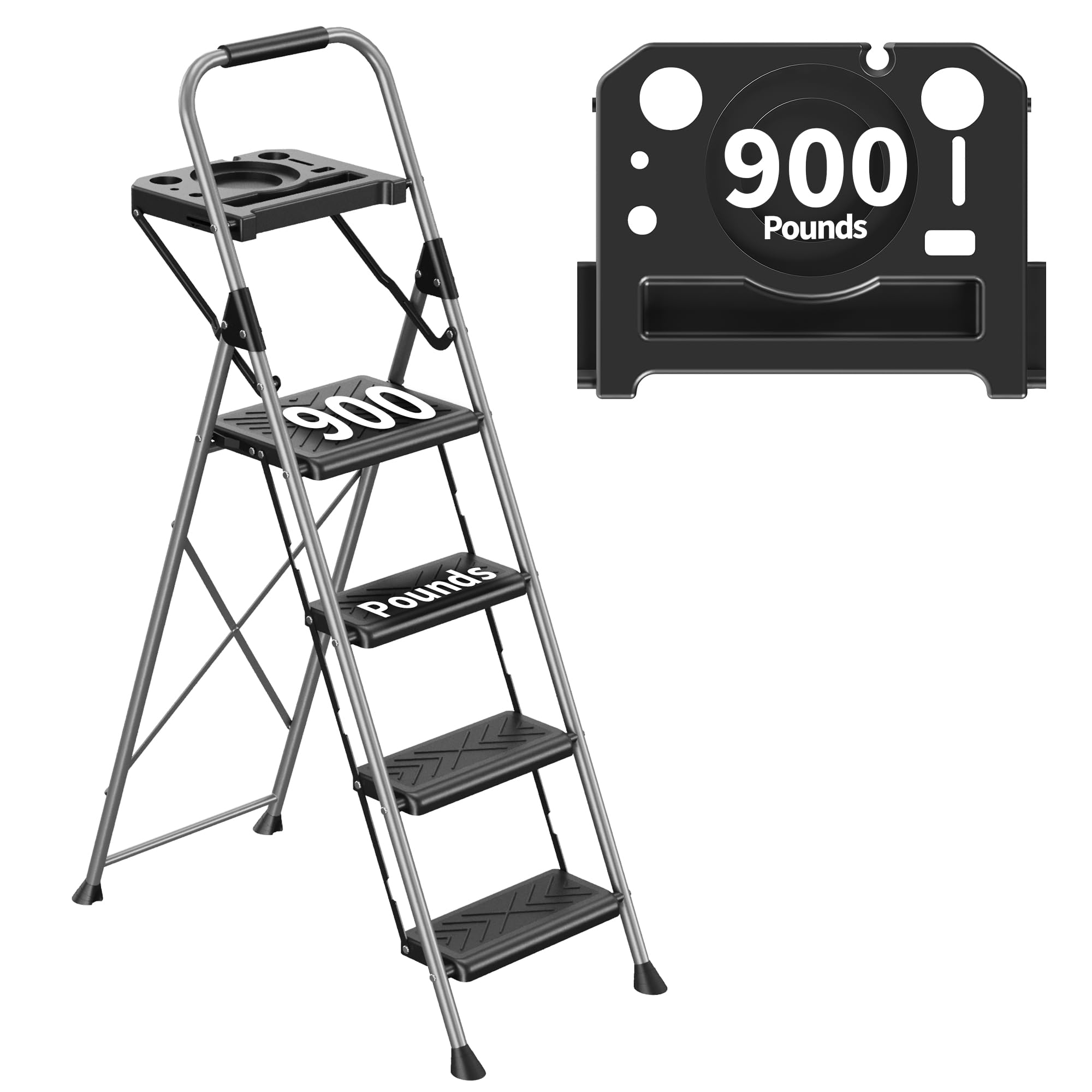 Photo 1 of DIAMONDFORGE 4 Step Ladder, Folding Step Stool with Tool Platform, Wide Anti-Slip Pedal and Anti-Slip Feet, Sturdiest Steel Construction, 900lbs Capacity Steel Ladder, Installation Free, Grey