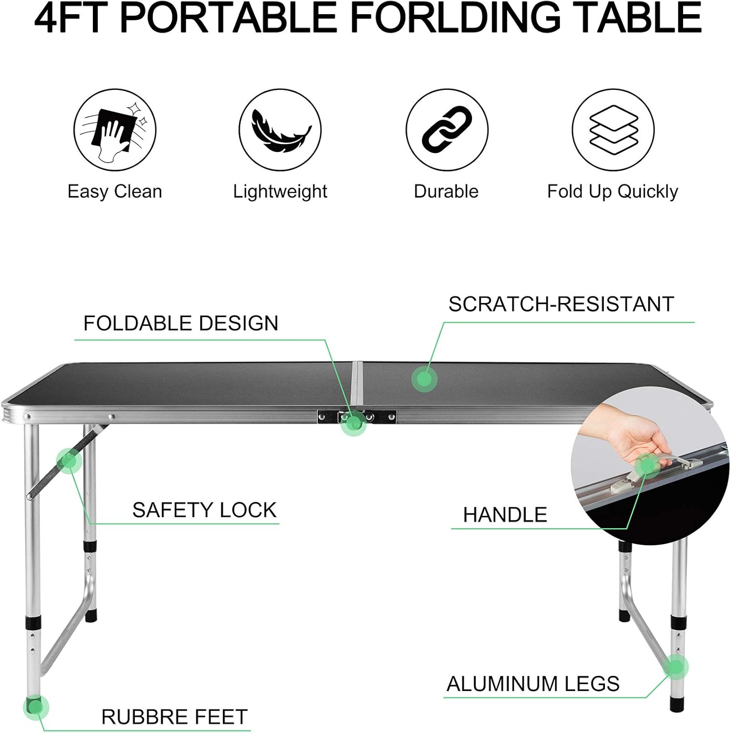 Folding Camping Table, FiveJoy 4 FT Aluminum Height Adjustable Lightweight Desk/w Portable Handle, Roll Up Top Weatherproof and Rust Resistant Table for Outdoor Picnic Beach Backyard, 47" x 24", Black: Kitchen & Dining