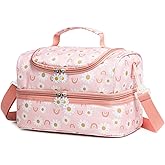 Life on track Insulated Kids Dual Compartment Lunch Bags Tote for Girls Boys Toddler Lunch Boxes Pre-School Toddler Kindergarten Elementary Picnic Food Cooler Thermal with Strap (Rainbow Daisies)