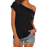 Halife Women's Casual Off The Shoulder Tops Short Sleeve T Shirts Loose Summer Blouse Shirt