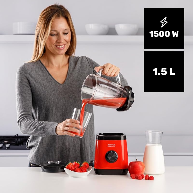 Optima Easy Mixeur en verre 1 500 W avec bol en Tritan 1,5 l 2 vitesses + Turbo Lames à 4 tranchants Processeur alimentaire professionnel Blender mixeur smoothies et smoothies