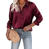 Chigant Women's Blouse Satin Silk Shirts Button Down Shirts Casual Loose Long Sleeve Office Work Tunic Tops