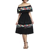 YZXDORWJ Mexican Dress for Women Embroidered Traditional Boho Theme Fiesta Floral Lace Off-Shoulder Ruffle Party Dress