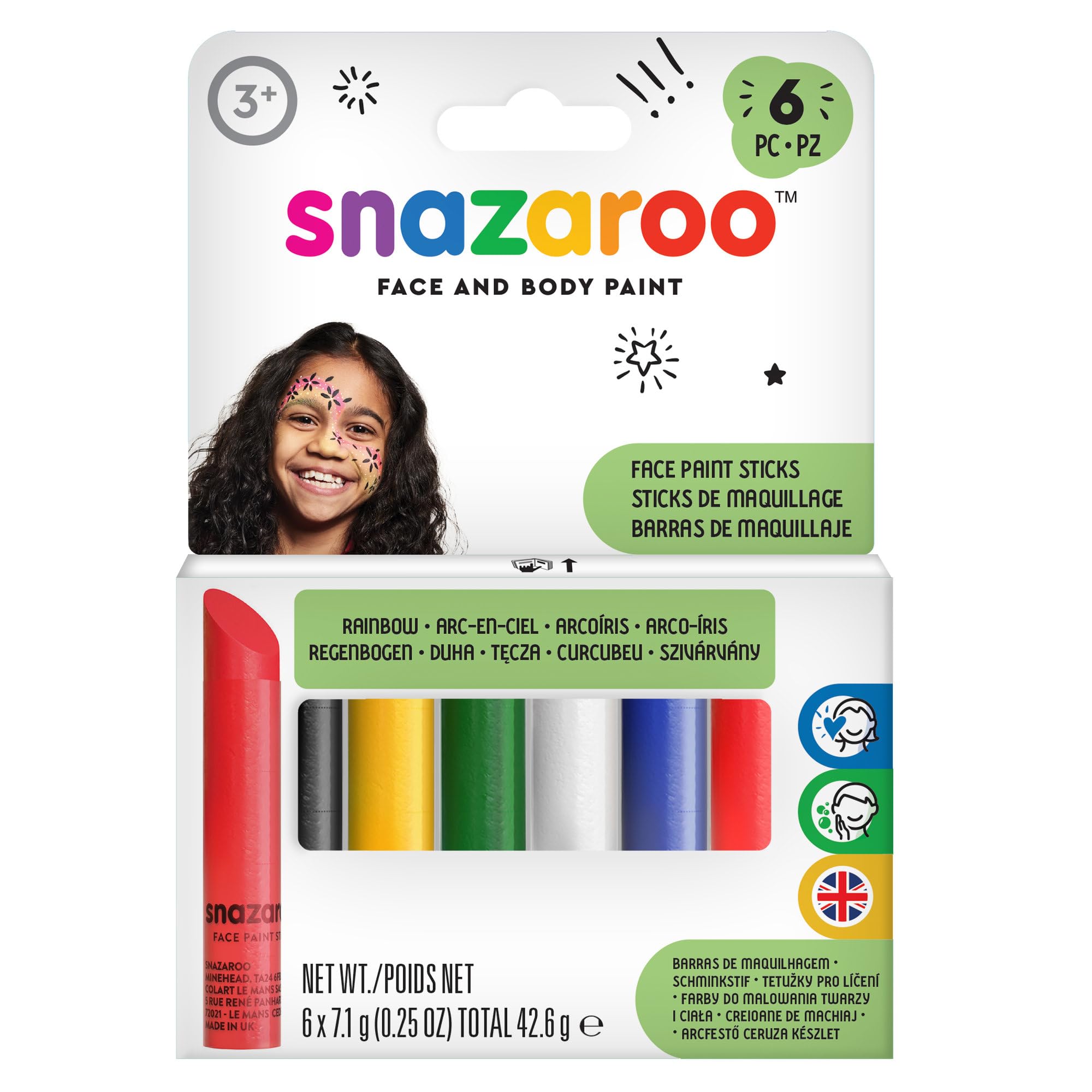 Snazaroo Painting Sticks, Rainbow, Pack of 6, Safe and Non-Toxic, Easy to Remove with Soap & Water, ideal for parties and fancy dress occasions, for Ages 3+