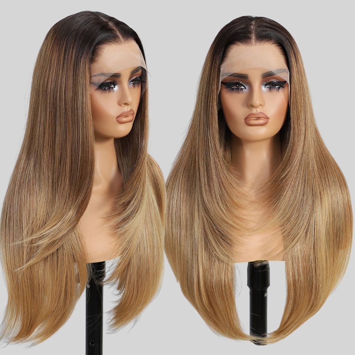 Photo 1 of 13x4 Synthetic Lace Front Wigs Pre Plucked Honey Blonde with Black 26 Inch Long Layered Straight Wigs For Women 100% Futura Premium Fiber Ready to Wear Wig With Bangs Daily Party Use
