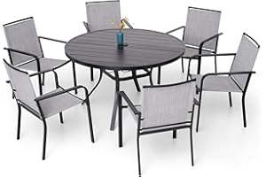 Nixtopia 7 Piece Patio Dining Set with Outdoor Gray Sling Back Stackable Chairs and 48" Round Table
