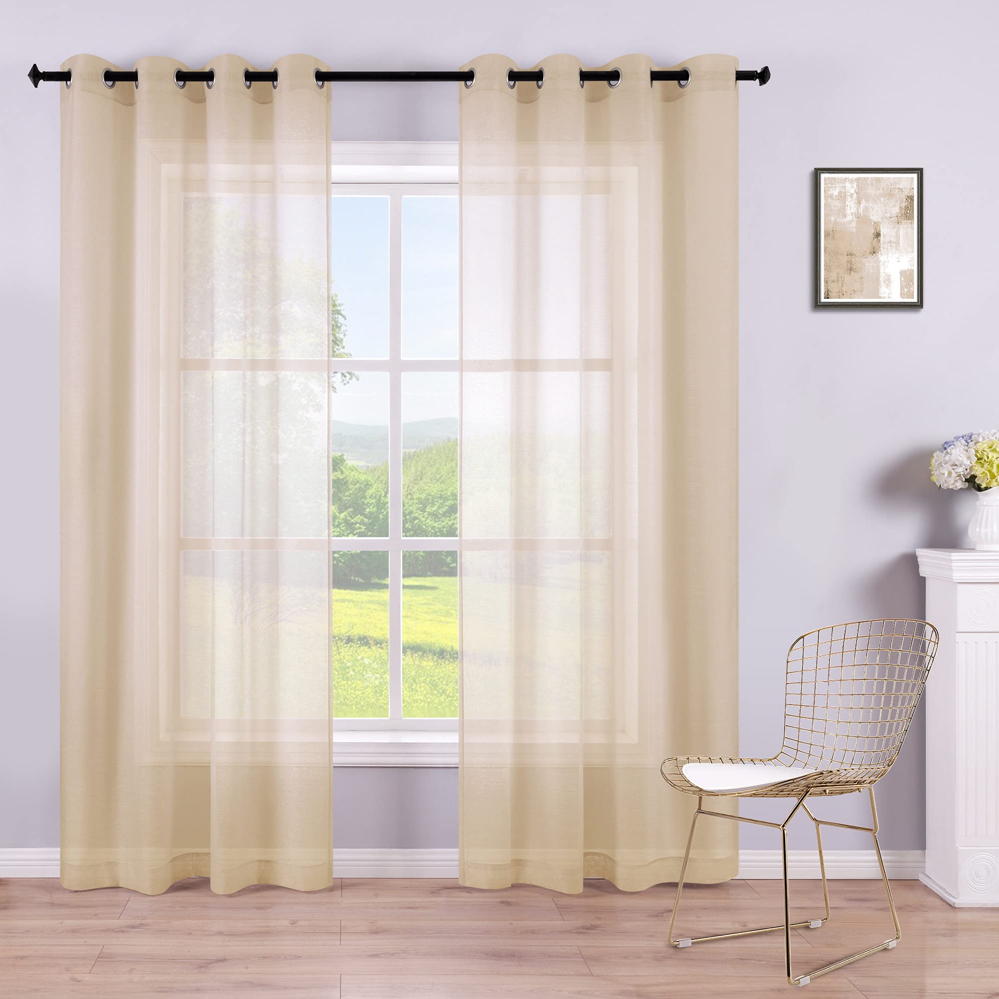 Tan Beige Curtains 84 Inches Long,Sheer Grommet Farmhouse Style Primitive Country Curtains for Living Room Bedroom Dining Room Window 84 Inch Length 2 Panels Set,Light Khaki