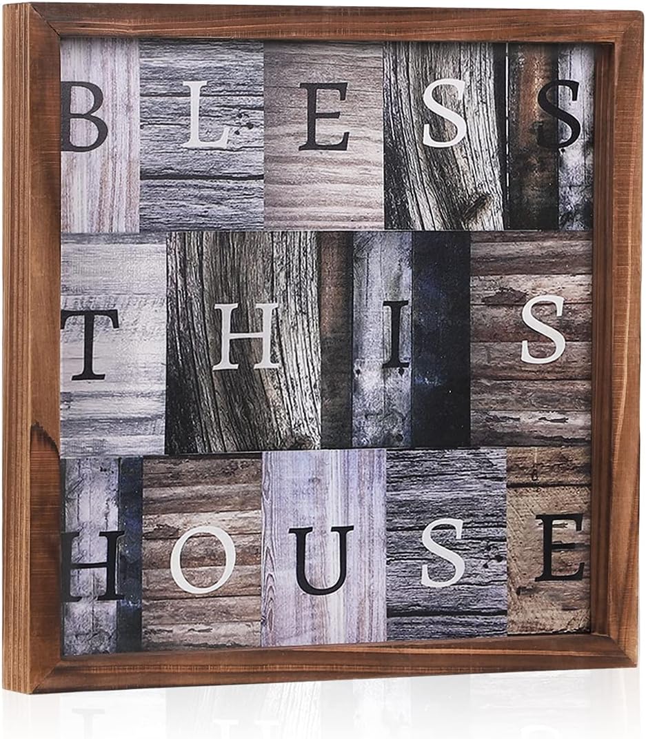 Bless This House Wall Art Prints Vintage Kitchen Dining Room Posters Signs for Home Rustic Farmhouse Decor, Wood Sign Art Wall Decor Solid Wood Frame Prints