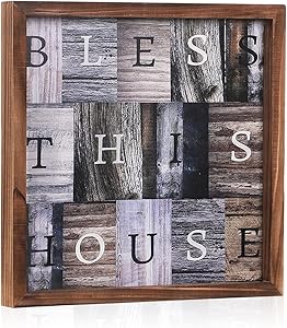 Bless This House Wall Art Prints Vintage Kitchen Dining Room Posters Signs for Home Rustic Farmhouse Decor, Wood Sign Art Wall Decor Solid Wood Frame Prints